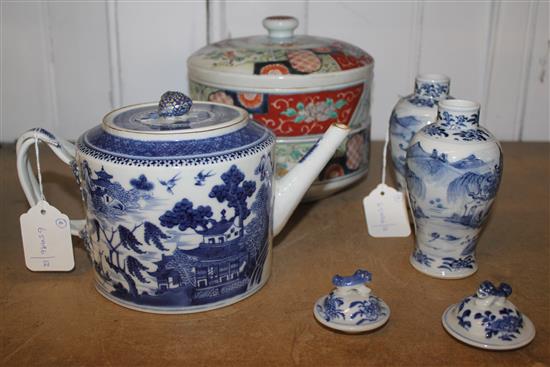 Chinese blue & white teapot, twisted handle, Imari 2-tier stacking box & a pair of small blue & white vases & covers (faults)